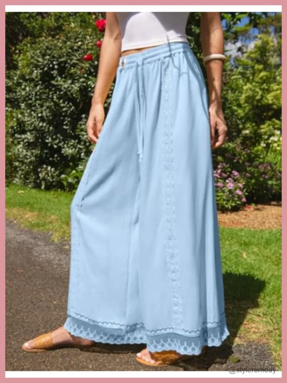 Linen Wide Leg Pants Loose Boho Lounge Beach Vacation Flowy Lace Summer Pants